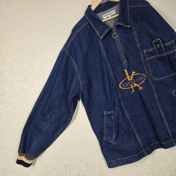 VTG Knockout Denim Jacket Sz 2XL Blue Quarter Zip Pullover Logo USA - Picture 6 of 16